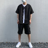 2 Pieces Sets Men Harajuku Pattern Single Breasted Short Sleeve Baseball Shirts and Drewstring Shorts Joggers Streetwear Sets