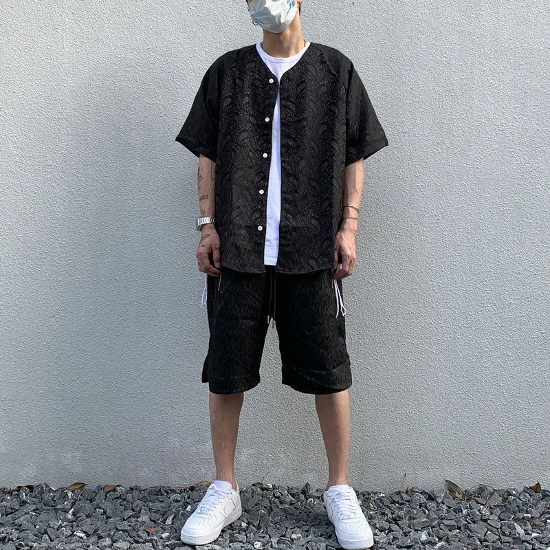 2 Pieces Sets Men Harajuku Pattern Single Breasted Short Sleeve Baseball Shirts and Drewstring Shorts Joggers Streetwear Sets