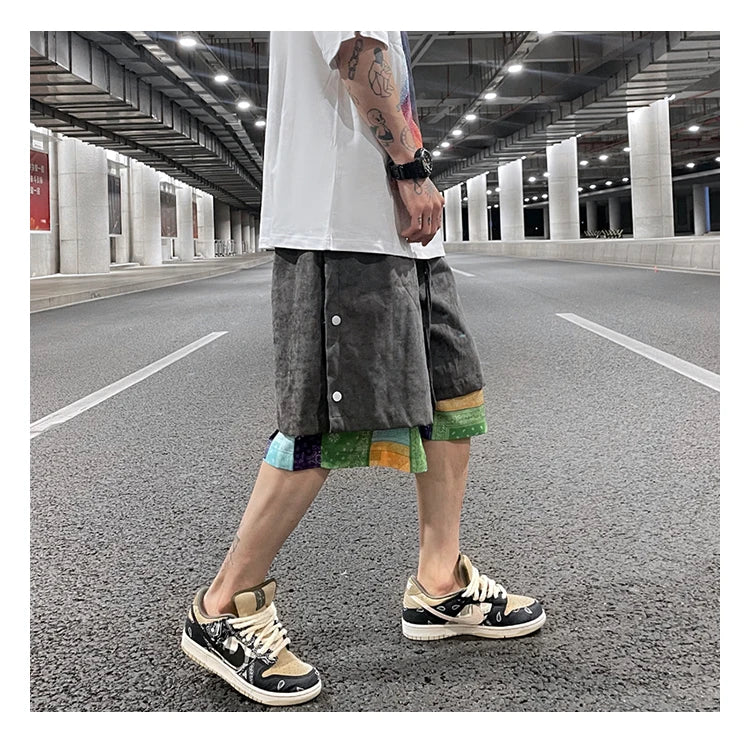 men side buttons patchwork harajuku straight shorts new elastic waist short pants joggers hip hop streetwear casual sweatshorts unique joggers style 1086