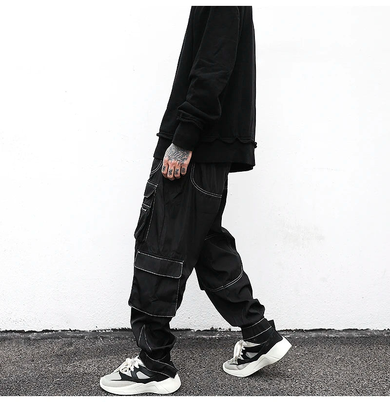 men pockets cargo pants new fashion zipper loose fit harajuku military trousers casual hip hop sportswear streetwear black pants unique cargo style 2494
