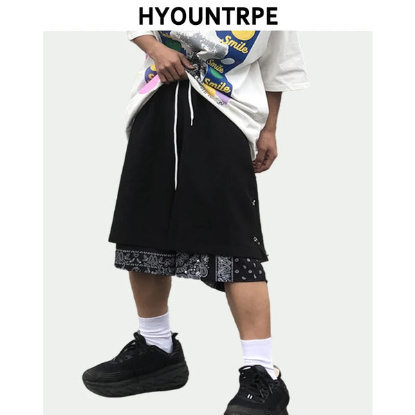 Mens Shorts Hip Hop Stitching Sweat Shorts with Pin Unisex Elastic Waist Loose Straight Streetwear Sports Shorts Casual Shorts