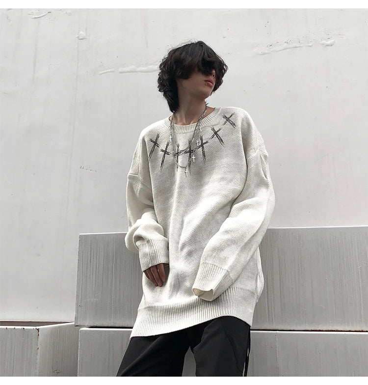 high street vintage wash sweater men graffiti loose knitted pullover long sleeve hip hop oversize sweater casual jumper knitwear - 2025 streetwear drop, trendy hip hop fashion hoodie, soft fleece-lined outerwear