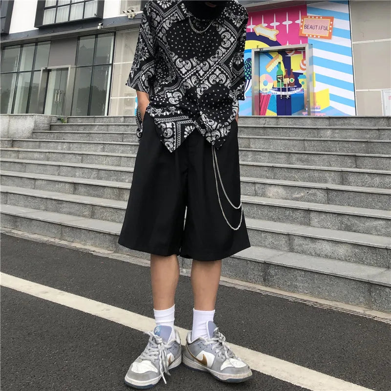 mens shorts summer casual black zipper elastic waist straight short pants with chain new hip hop streetwear loose shorts joggers unique joggers style 2347
