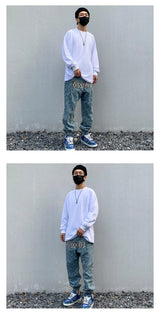 hip hop loose fit elastic waist pants fashion embroidery denim ankle pants mens new casual drewstring sportwear pants joggers unique joggers style 2188