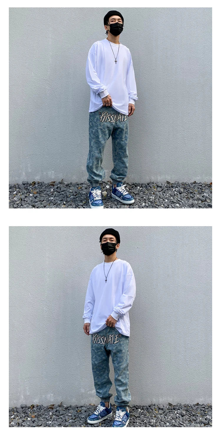 hip hop loose fit elastic waist pants fashion embroidery denim ankle pants mens new casual drewstring sportwear pants joggers unique joggers style 2188