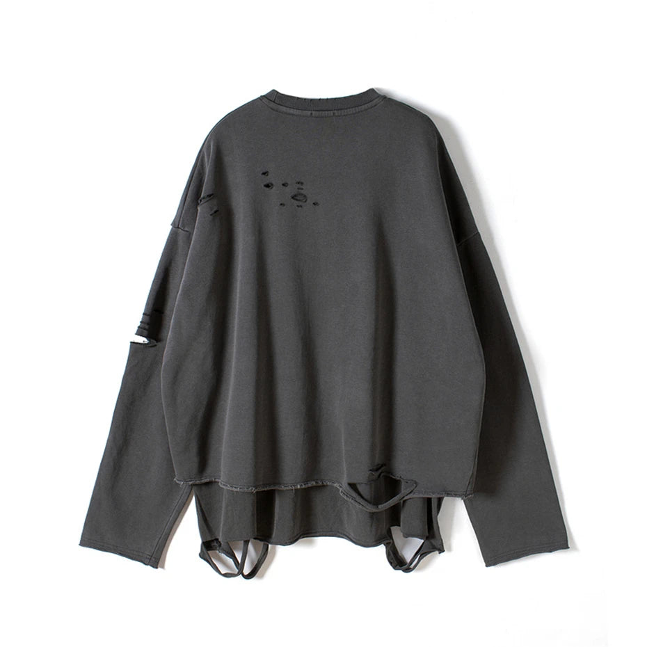 Hip Hop Streetwear Vintage Sweatshirt 2021 Autumn Creative Distressed Destroyed Ripped Holes Pullover Cotton Tops Loose WE301