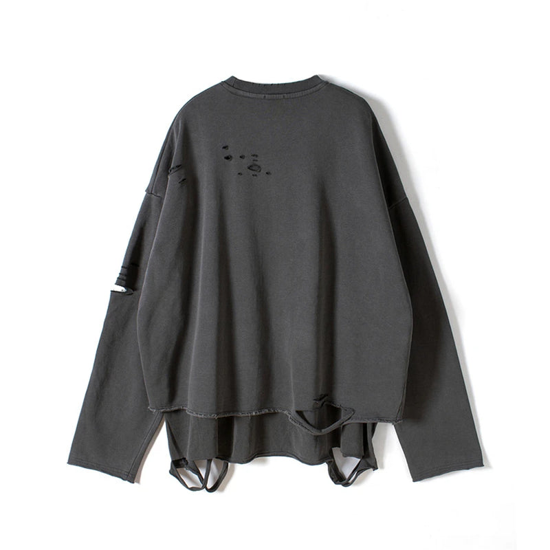 Hip Hop Streetwear Vintage Sweatshirt 2021 Autumn Creative Distressed Destroyed Ripped Holes Pullover Cotton Tops Loose WE301