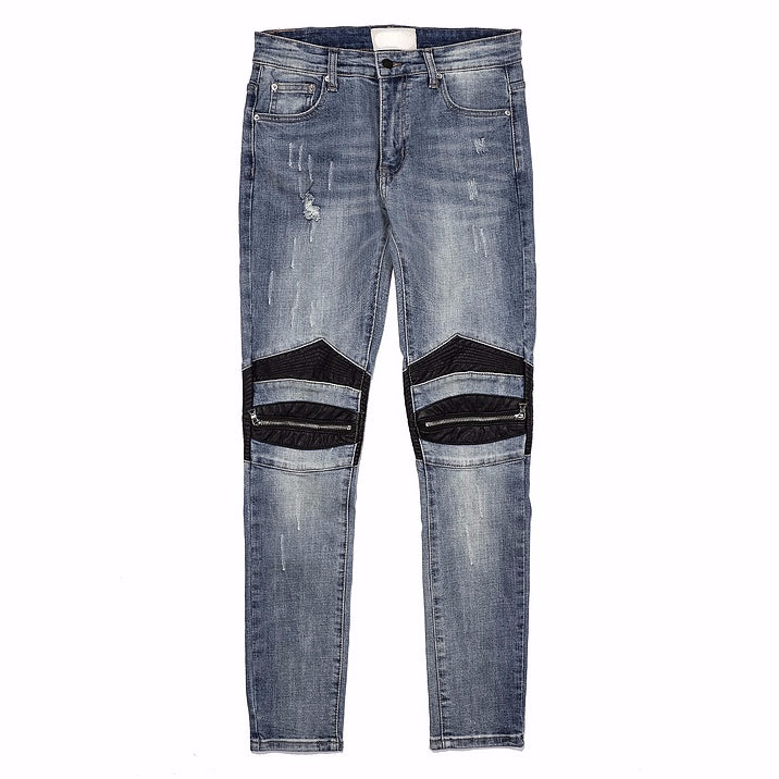 knee zipper hole patckwork skinny denim jeans men casual slim biker trousers jeans fashion streetwear hip hop jean pants joggers unique joggers style 1039