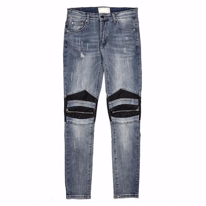 knee zipper hole patckwork skinny denim jeans men casual slim biker trousers jeans fashion streetwear hip hop jean pants joggers unique joggers style 1019