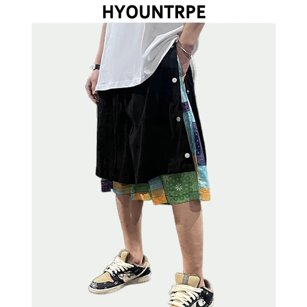 men side buttons patchwork harajuku straight shorts new elastic waist short pants joggers hip hop streetwear casual sweatshorts urban active pants