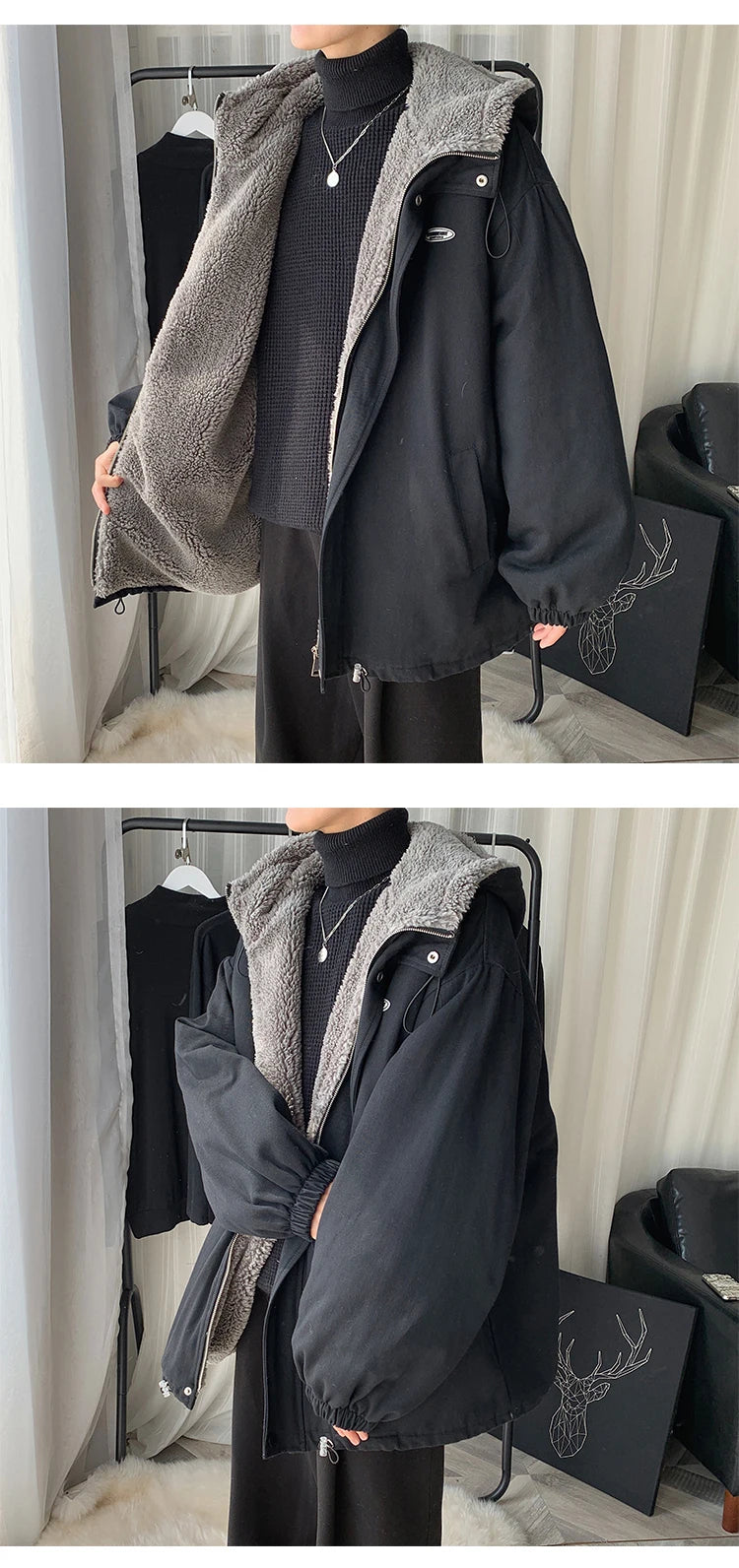 Winter Thick Lamb Fur Jacket Men Warm Fashion Hooded Coat Men Korean Loose Oversized Short Coat Mens Cotton Outwear Jackets