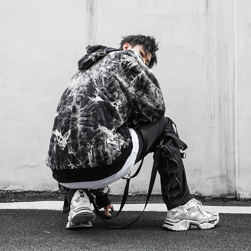 back zipper loose elastic waist cargo pants autumn new streetwear drawstring pants trousers men harajuku twine belts casual pant military streetwear pants