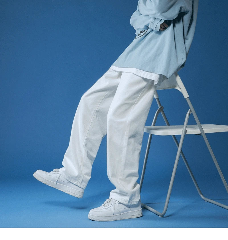 straight jeans men wide jeans white loose denim trousers neutral jean streetwear casual pure man women pants hip hop bagy jeans unique jeans style 2838