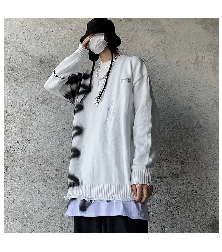mens hip hop destroy ripped holes streetwear graffiti harajuku sweater vintage retro knitted sweater new casual cotton pullover urban wear with bold artwork, unique limited edition hoodie, aesthetic street look hoodie