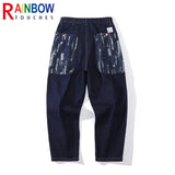 rainbowtouches fashion brand mens jeans high street pants print design long trousers loose straight vintage style boy wide legs unique jeans style 5336