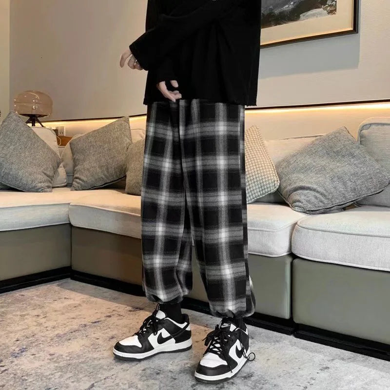 plaid pants men fashion retro color contrast casual pants men streetwear loose hip hop straight pants mens trousers m 3xl urban fashion pants