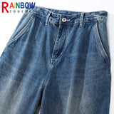 rainbowtouches fashion brand pants men wash jeans unisex wide straight leg loose retro overalls casual superior quality trousers denim street jeans