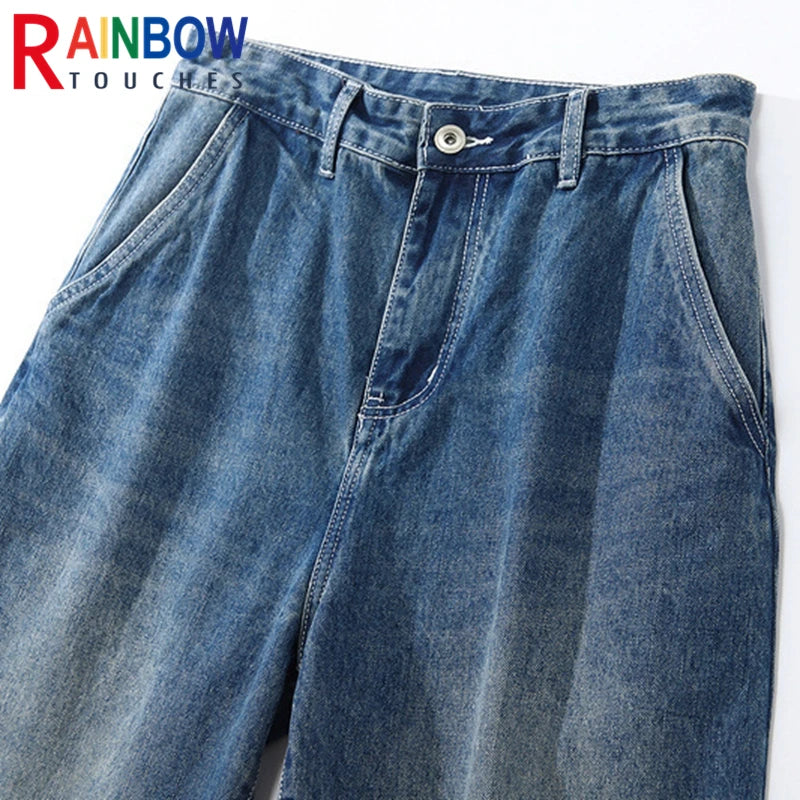 rainbowtouches fashion brand pants men wash jeans unisex wide straight leg loose retro overalls casual superior quality trousers denim street jeans