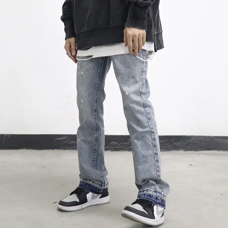 high street washed splash ink retro wide leg flared pants mens straight casual jeans for men harajuku loose denim trousers unique jeans style 4547