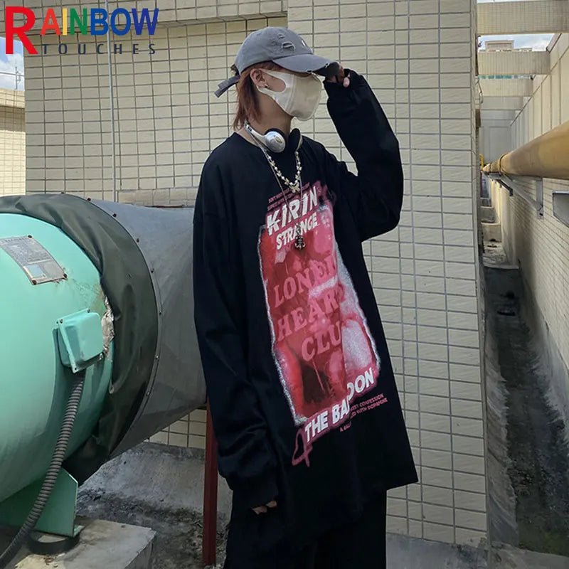 Harajuku Oversized Shirt – Rainbowtouches Mens Long Sleeve T Shirt New High Street Fash – Modern Streetwear for Everyone