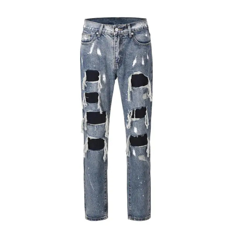 men ripped holes denim jean pants hip hip new fashion straight patchwork pants new casual jeans streetwear mens trousers joggers sporty tapered joggers