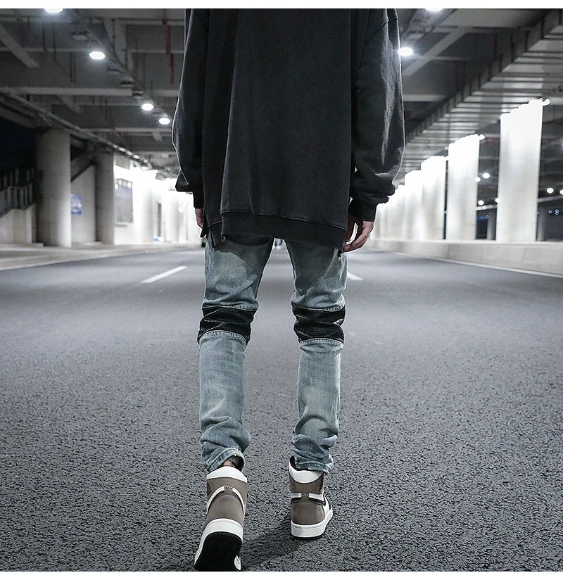 knee zipper hole patckwork skinny denim jeans men casual slim biker trousers jeans fashion streetwear hip hop jean pants joggers unique joggers style 1028