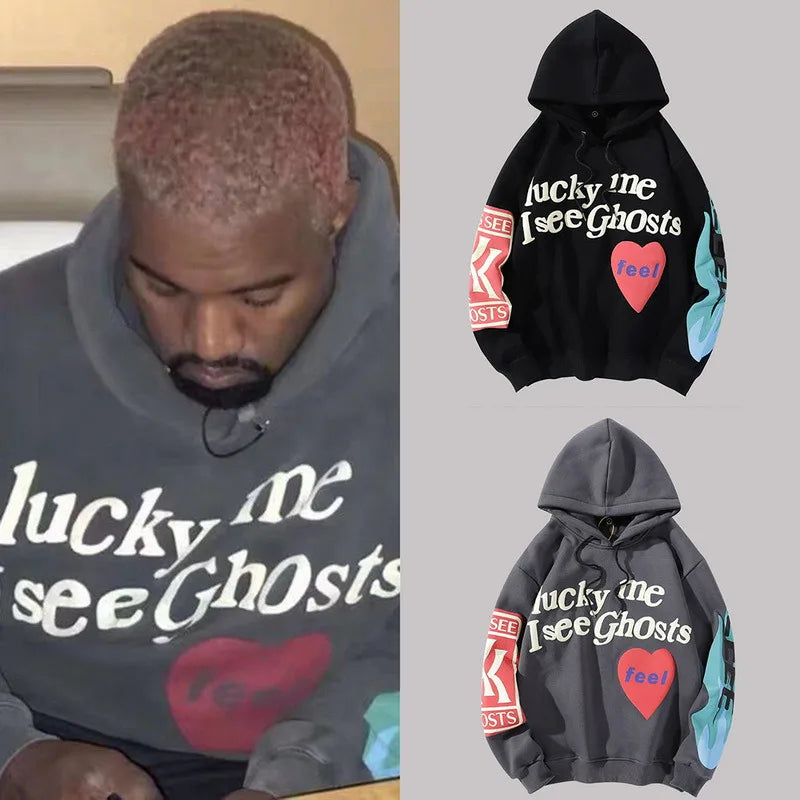 2021 Harajuku Weirdo Graffiti Letter Printed Hoodies Men Lucky Me I Se