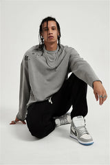Hip Hop Streetwear Vintage Sweatshirt 2021 Autumn Creative Distressed Destroyed Ripped Holes Pullover Cotton Tops Loose WE301