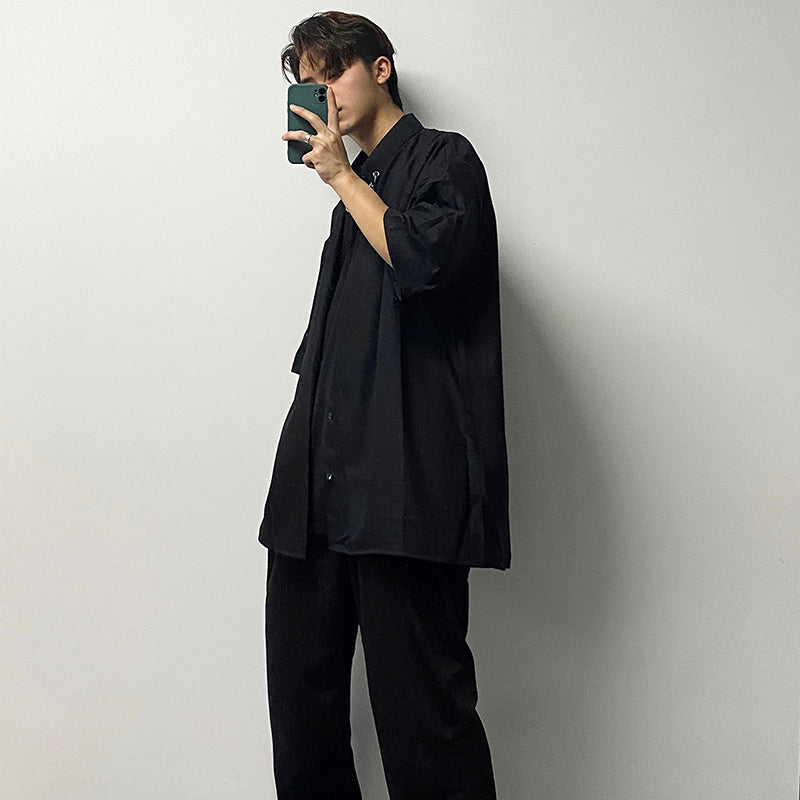 Men Fashion Punk Shirt  Hip Hop Black Harajuku Shirts with Chain Streetwear Summer Loose Short Sleeve Casual Tops Mens Shirts