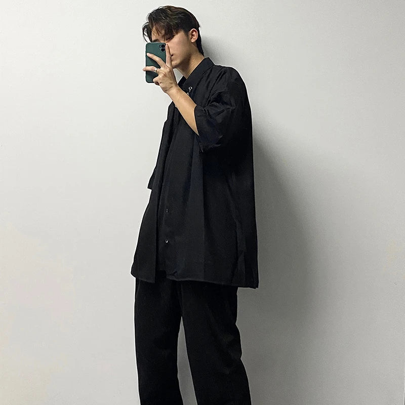 Men Fashion Punk Shirt  Hip Hop Black Harajuku Shirts with Chain Streetwear Summer Loose Short Sleeve Casual Tops Mens Shirts