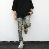 high street butterfly embroidery knee ripped hole jeans mens casual hip hop distressed jeans slim fit skinny denim pants joggers relaxed fit joggers