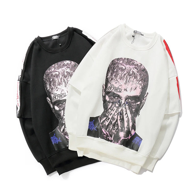 rainbowtouches long sleeve t shirt mens sweater high street fashion hip hop figure print stitching cuff design pattern coats Y2K vintage urban hoodie, high quality cotton pullover, urban wear with bold artwork