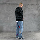 hip hop paisley printed ripped knitted holes sweater mens autumn winter long sleeve pullover streetwear loose sweaters clothing Y2K vintage urban hoodie, streetwear fashion hoodie, trendy hip hop style outerwear