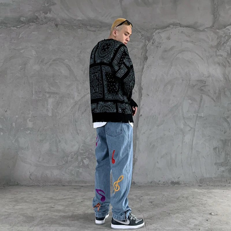 hip hop paisley printed ripped knitted holes sweater mens autumn winter long sleeve pullover streetwear loose sweaters clothing Y2K vintage urban hoodie, streetwear fashion hoodie, trendy hip hop style outerwear