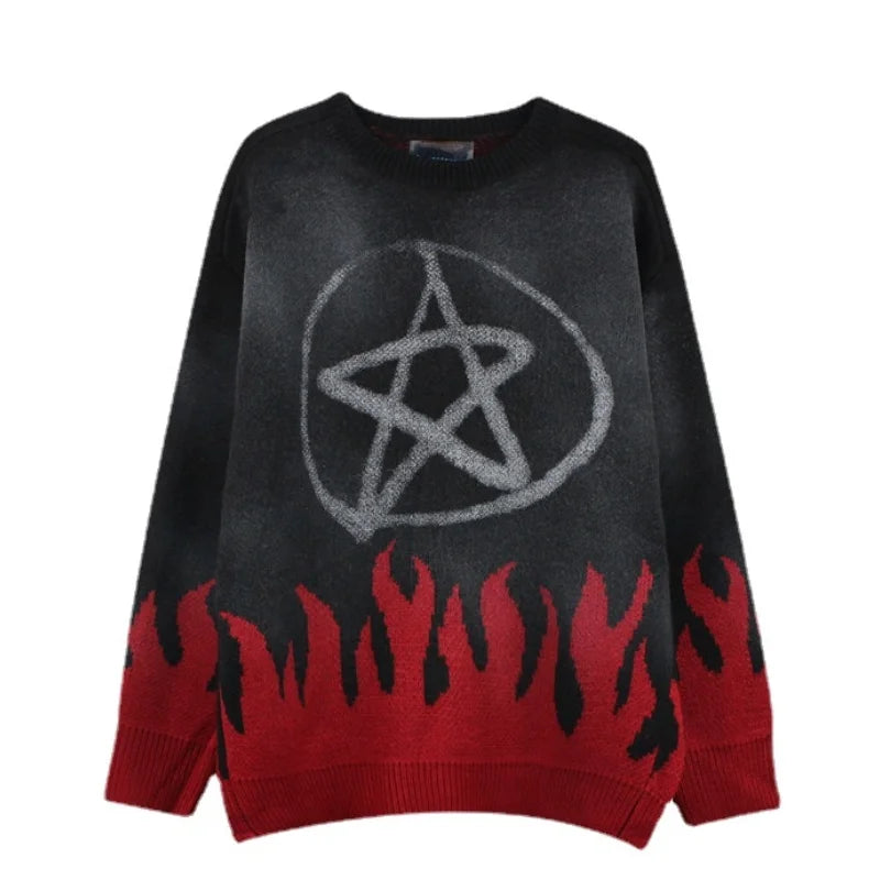 mens sweaters fashion fire harajuku sweaters casual long sleeve knitted sweater ripped holes cotton pullover jumpers man sweater trendy hip hop style outerwear, streetwear fashion hoodie, Y2K vintage urban hoodie