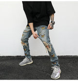 high street butterfly embroidery knee ripped hole jeans mens casual hip hop distressed jeans slim fit skinny denim pants joggers unique joggers style 1886