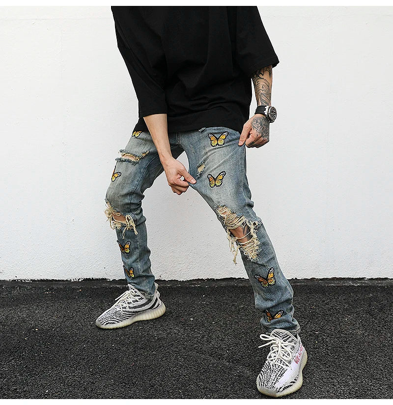 high street butterfly embroidery knee ripped hole jeans mens casual hip hop distressed jeans slim fit skinny denim pants joggers unique joggers style 1886