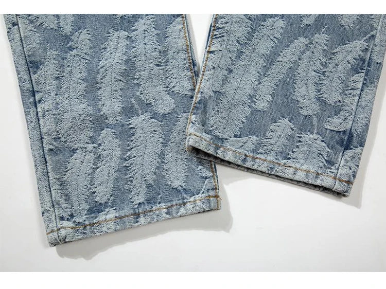high street feathers embroidery denim pants mens zipper straight jeans trouser with belt hip hop streetwear loose joggers pants unique joggers style 3605