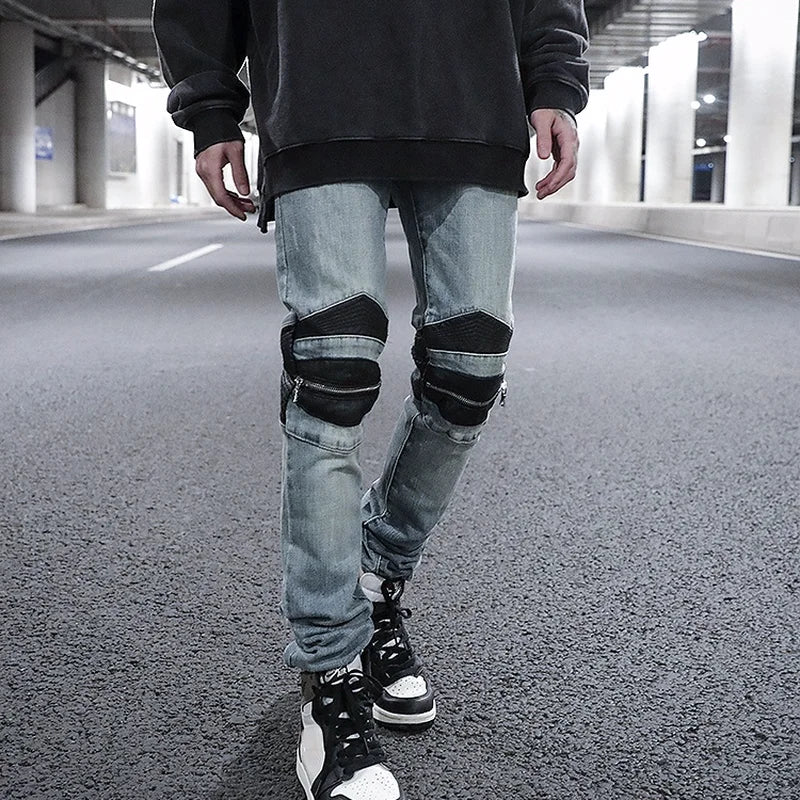 knee zipper hole patckwork skinny denim jeans men casual slim biker trousers jeans fashion streetwear hip hop jean pants joggers urban active pants
