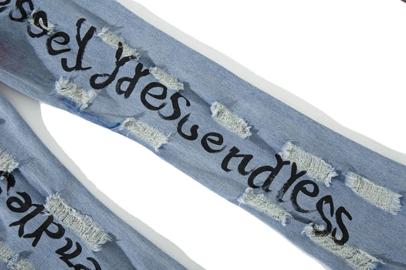 fashion back letters printed denim flare jeans mens zipper straight trouser hip hop destroy holes streetwear jean pants joggers unique joggers style 169