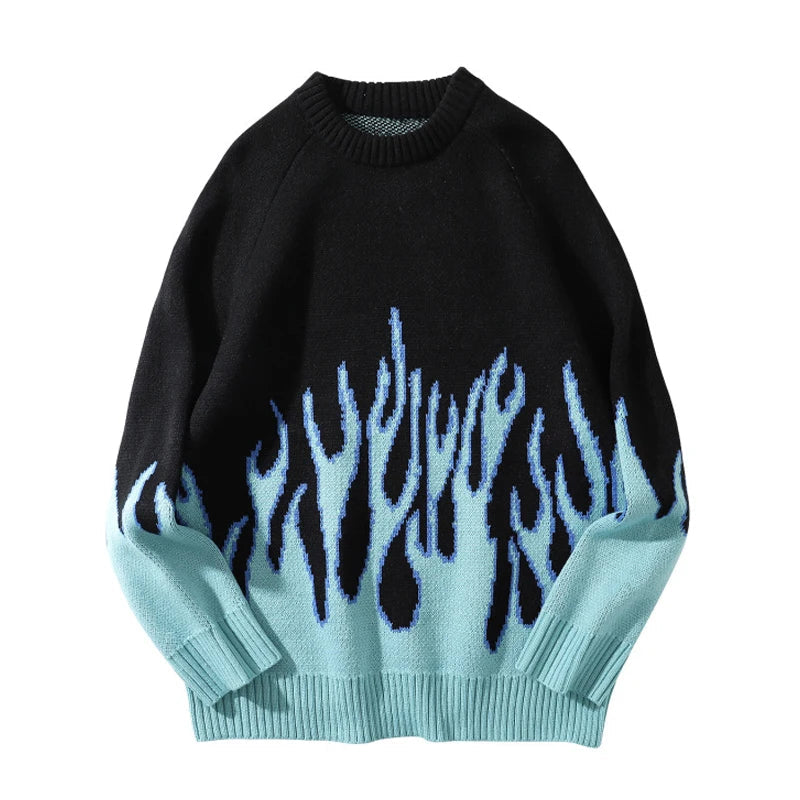 hip hop mens streetwear harajuku knitted sweater fire flame autumn winter new o neck sweater pullover loose retro vintage cotton unique limited edition hoodie, oversized graphic print design, aesthetic street look hoodie