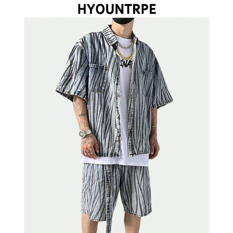 2 Pieces Sets Men Fashion Striped Printed Short Sleeves Single Breasted Loose Shirts and Shorts Joggers Streetwear Hip Hop Set
