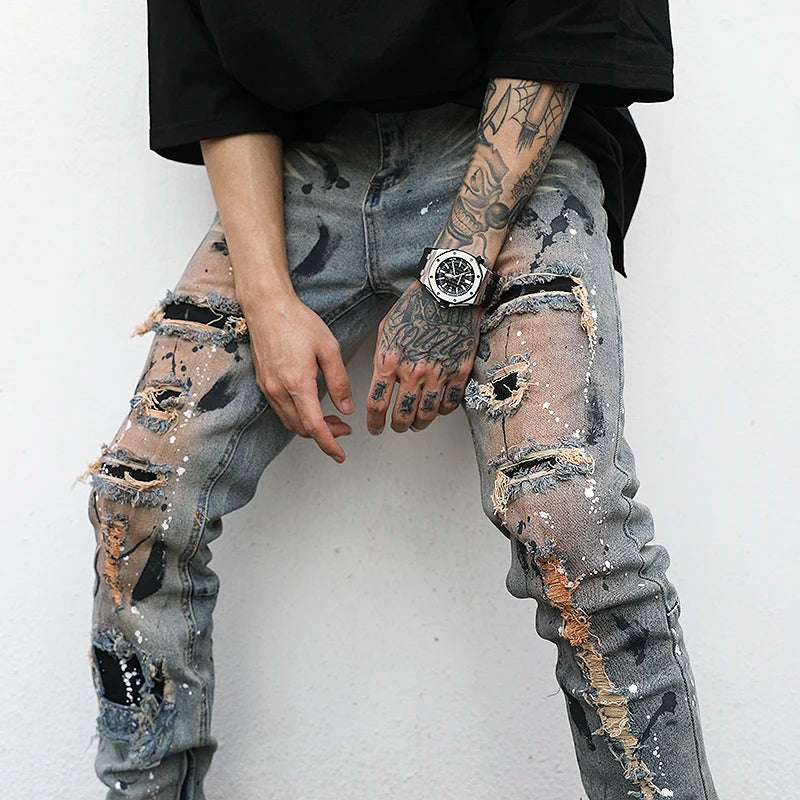 bottom zipper destroyed jeans skinny jeans ripped slim men biker jeans fashion graffiti printed streetwear hip hop pants joggers urban active pants