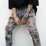 bottom zipper destroyed jeans skinny jeans ripped slim men biker jeans fashion graffiti printed streetwear hip hop pants joggers urban active pants