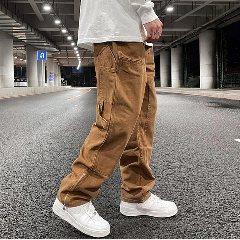 harajuku ankle zipper logging pants overalls mens straight streetwear oversized retro baggy cargo pants loose casual trousers unique cargo style 5079
