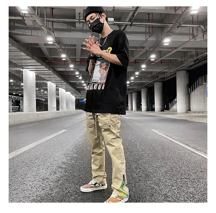 streetwear patchwork cashew flower print cargo pants y2k men hip hop casual functional slim cargo trousers male pocket side zip unique cargo style 4651