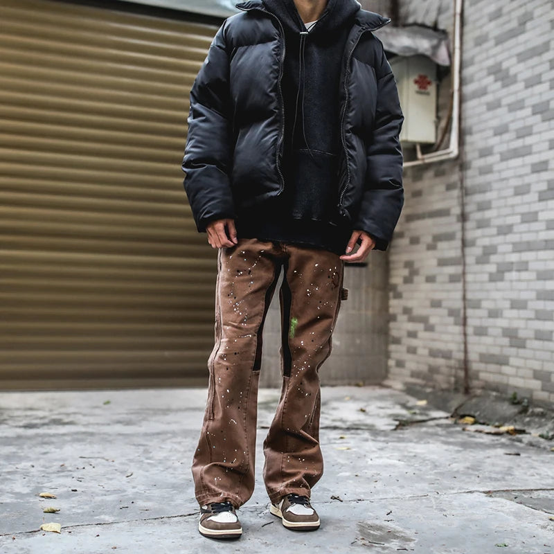 2023 streetwear graffiti cargo flared jeans khaki black splash ink wide leg denim pant hip hop cargo trousers jean men unique cargo style 5158