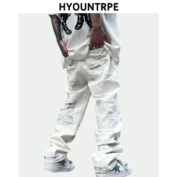 mens high street denim jean pants new casual loose ripped holes straight zipper white jeans trousers hip hop streetwear joggers relaxed fit joggers