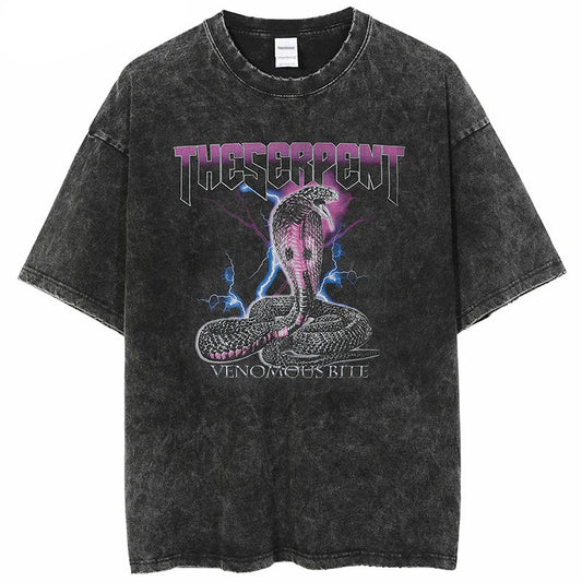 Sadcore Aesthetic print tee – Men Washed T Shirt Hip Hop Streetwear Lightning Snake Print