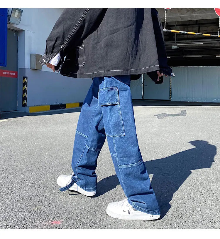 men jeans wide leg denim pants loose straight baggy mens jeans hip hop streetwear skateboard neutral denim trousers cargo jeans unique cargo style 2659